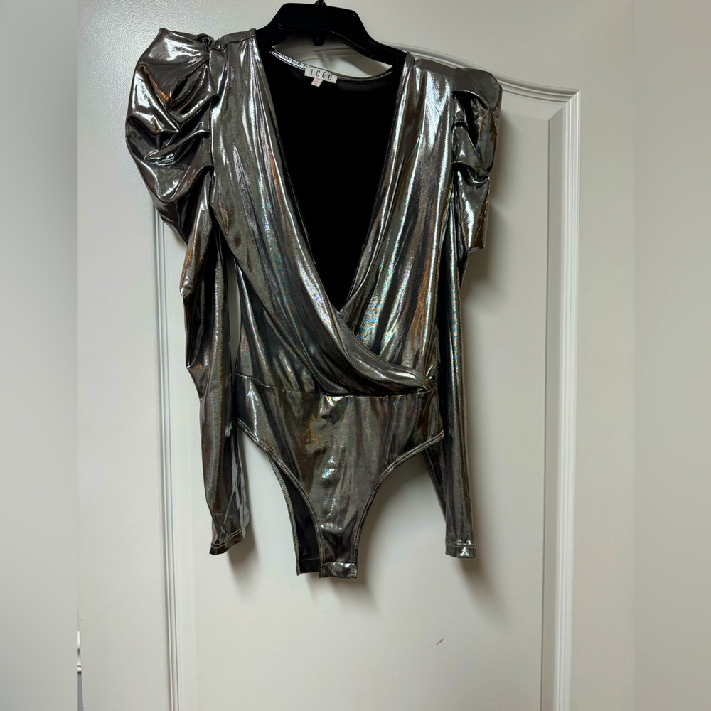 Silver puff sleeve bodysuit